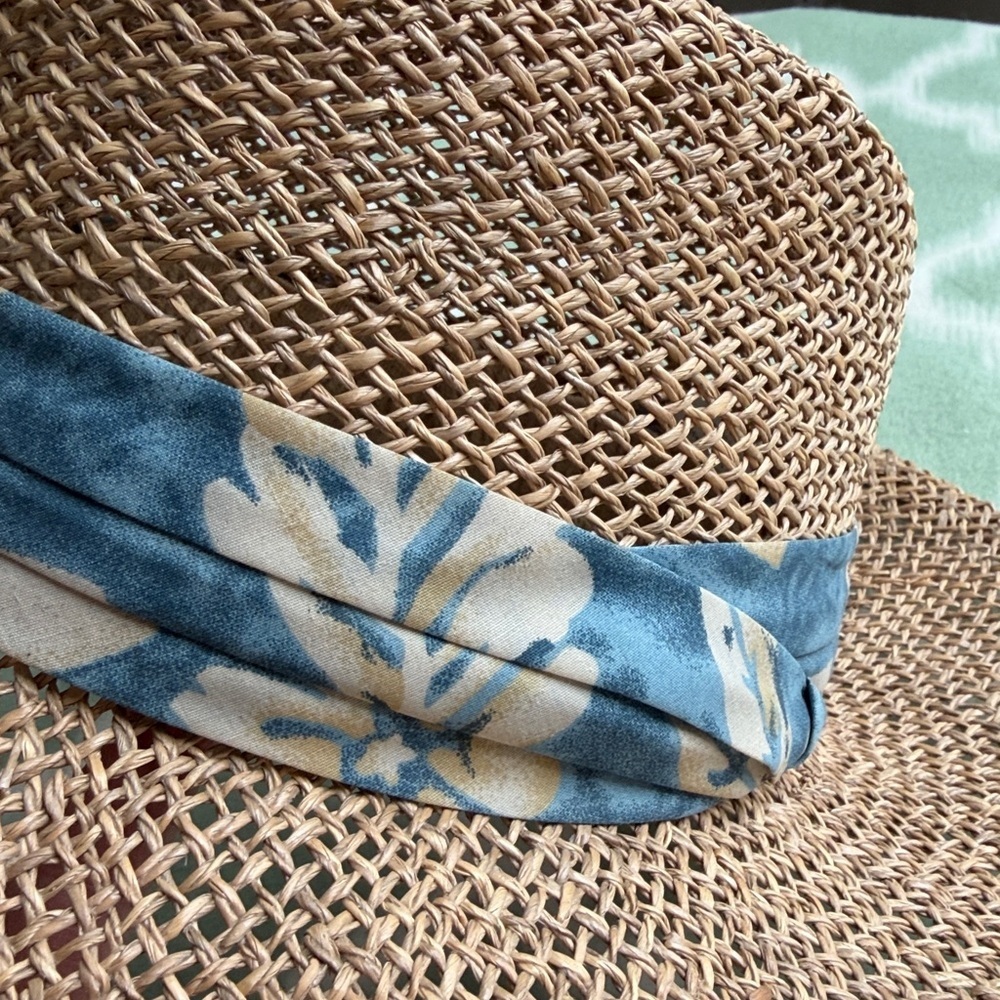 Woven Tan Straw Sun Hat with Blue Floral Fabric Band - Picture 2 of 7